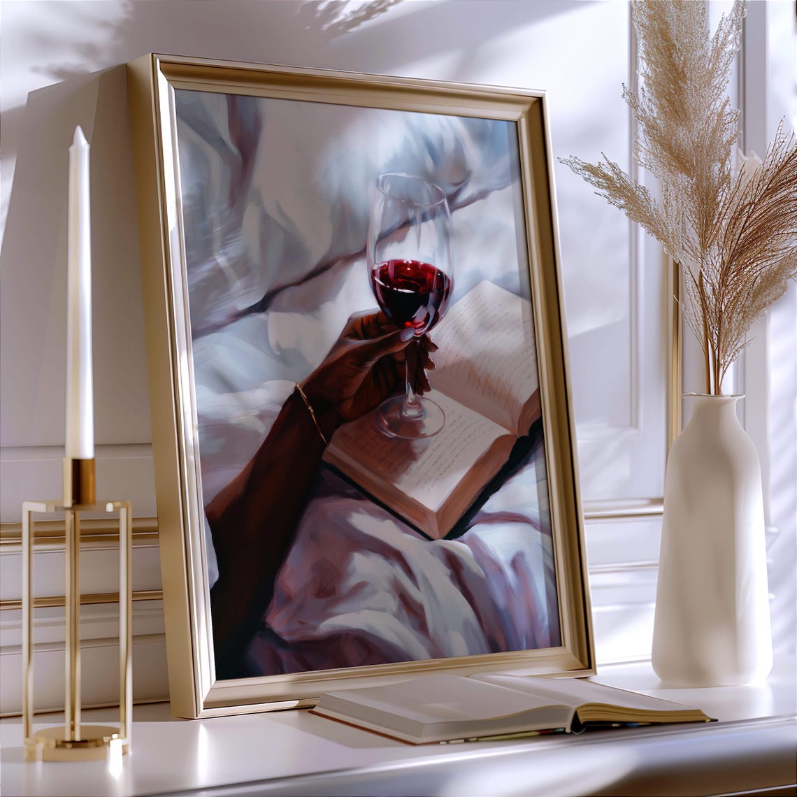 Hand Holding Red Wine Glass Over Open Book Cozy Reading Time Poster - Image 5