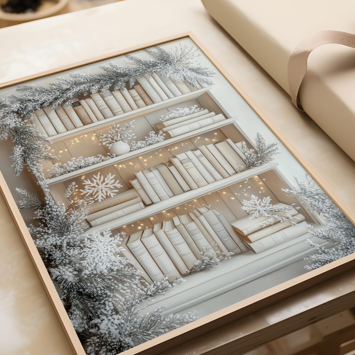 White Winter Bookshelf With Frosty Decor and Fairy Lights Poster - Image 6