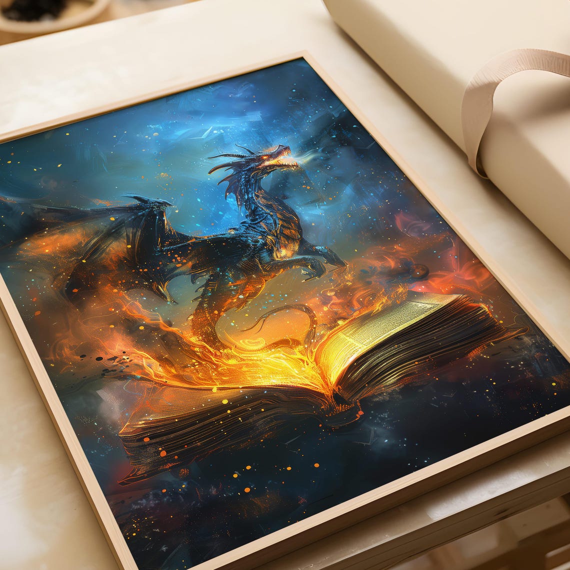 Fiery Dragon Emerging from Burning Open Book Fantasy Magic Art Poster - Image 6