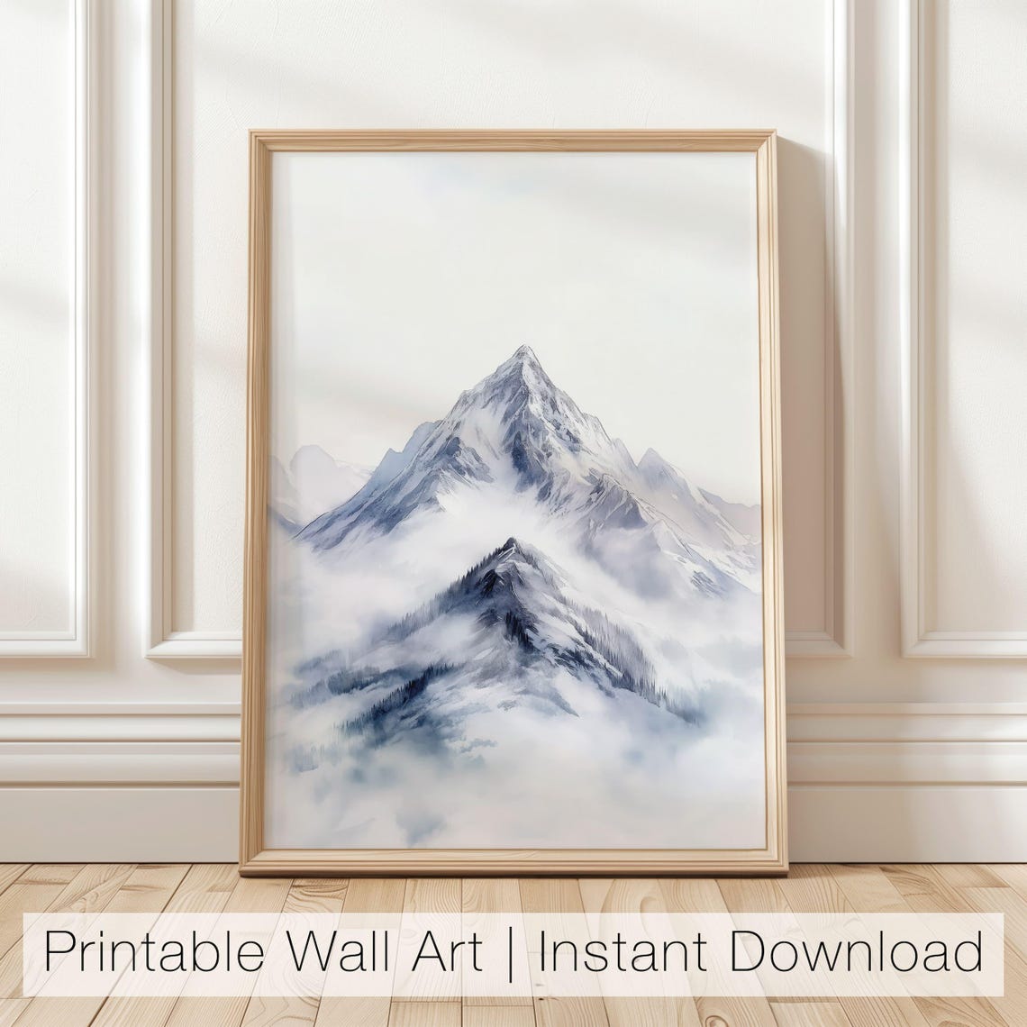 Minimalist Snowy Mountain Peak Dissolving into Soft Misty Fog Poster