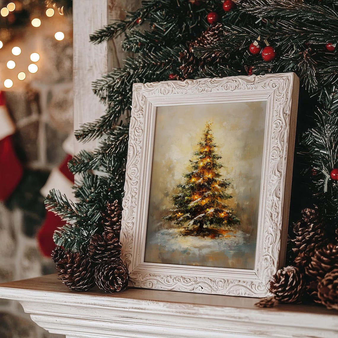 Christmas Tree With Star Lights Snowy Winter Holiday Art Poster - Image 2