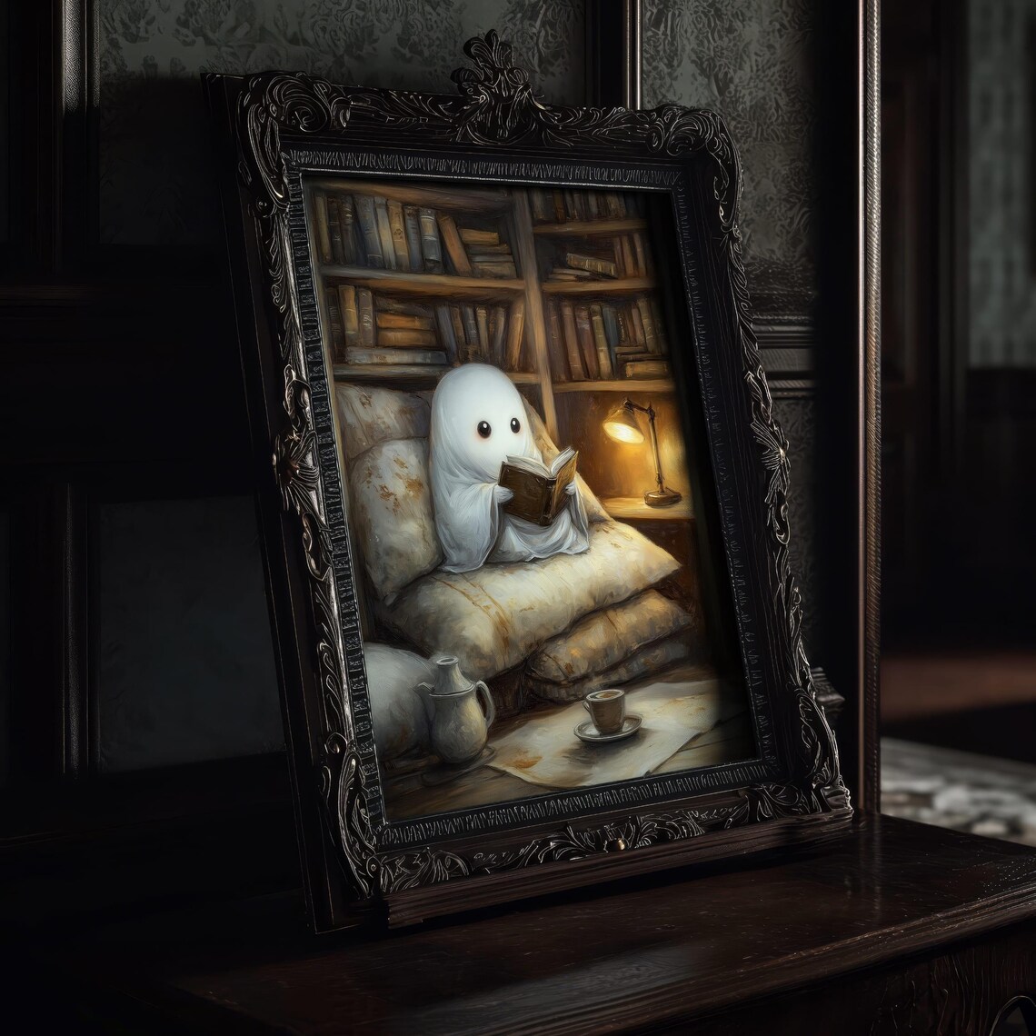 Cozy Ghost Library Art Print, Bookish Halloween Decor - Image 2
