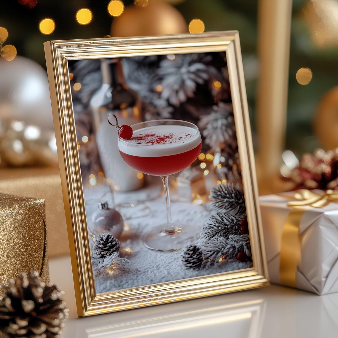 Red Holiday Cocktail in Coupe Glass with Snowy Pine Winter Bar Poster - Image 6