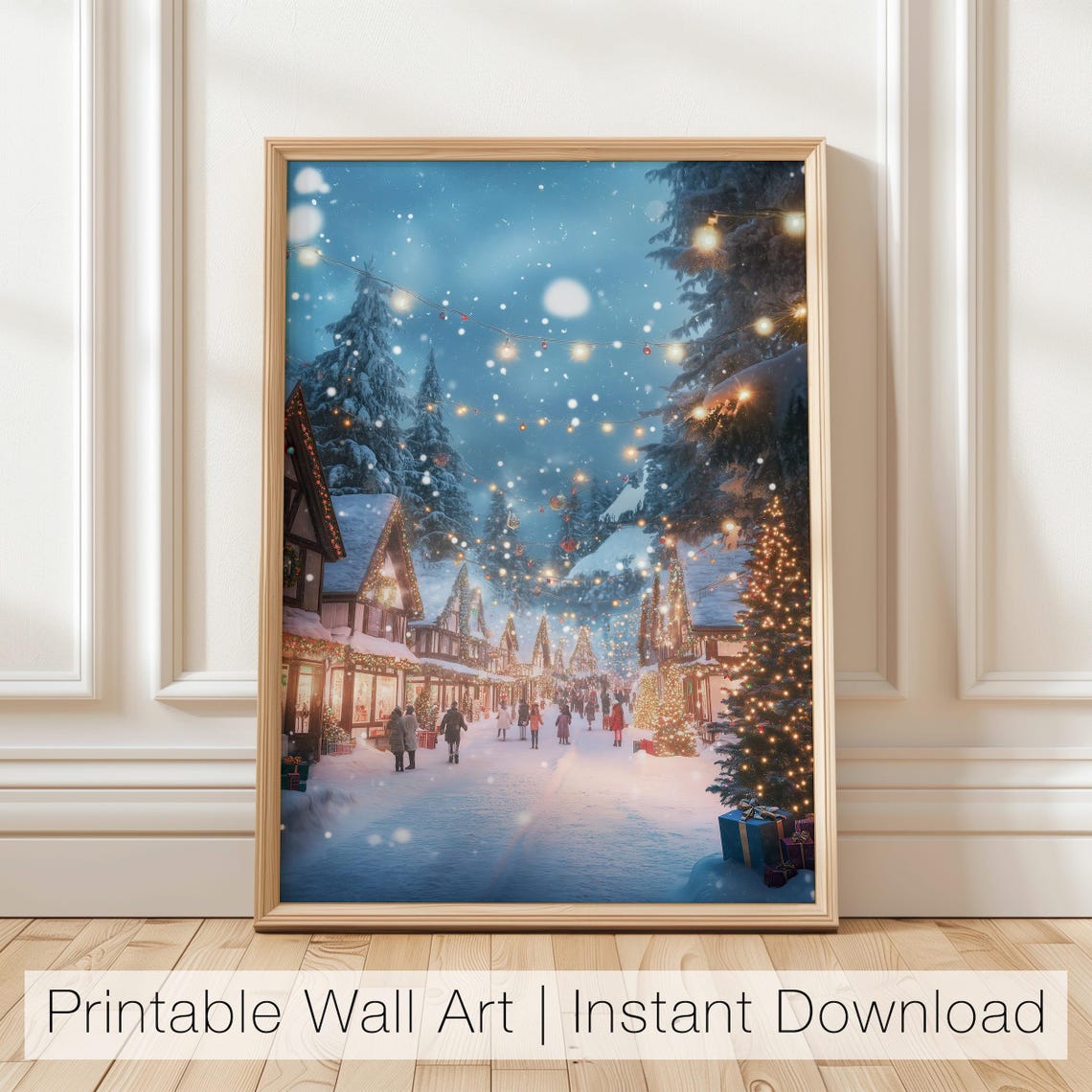 Christmas Village Art Winter Wonderland Printable Snowy Street Scene Holiday Season Wall Art Festive Town Decor Christmas Lights Print