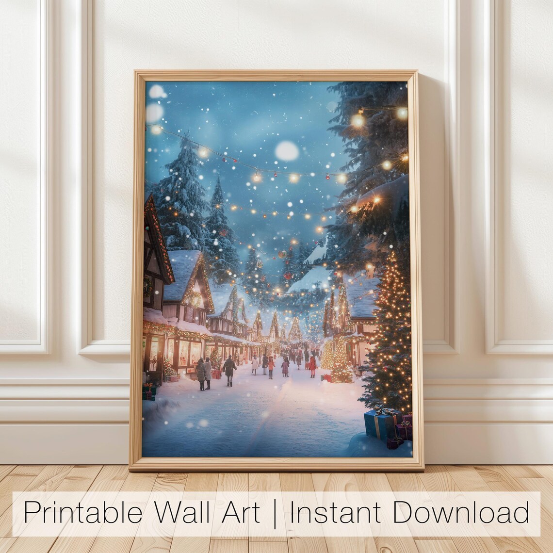 Snowy Christmas Village Night Lights Winter Wonderland Town Poster