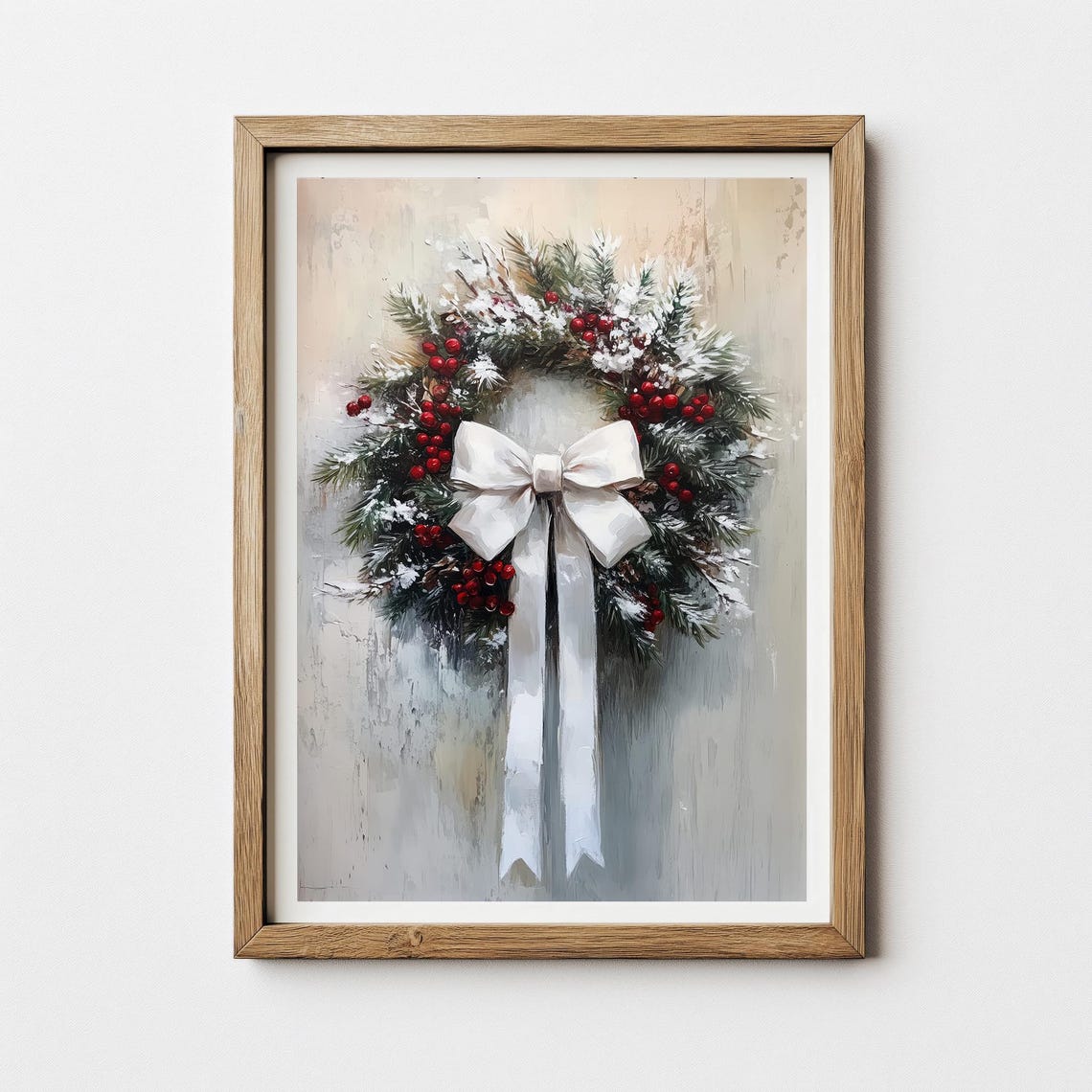 Vintage Christmas Wreath White Bow Rustic Holiday Art Poster - Image 2