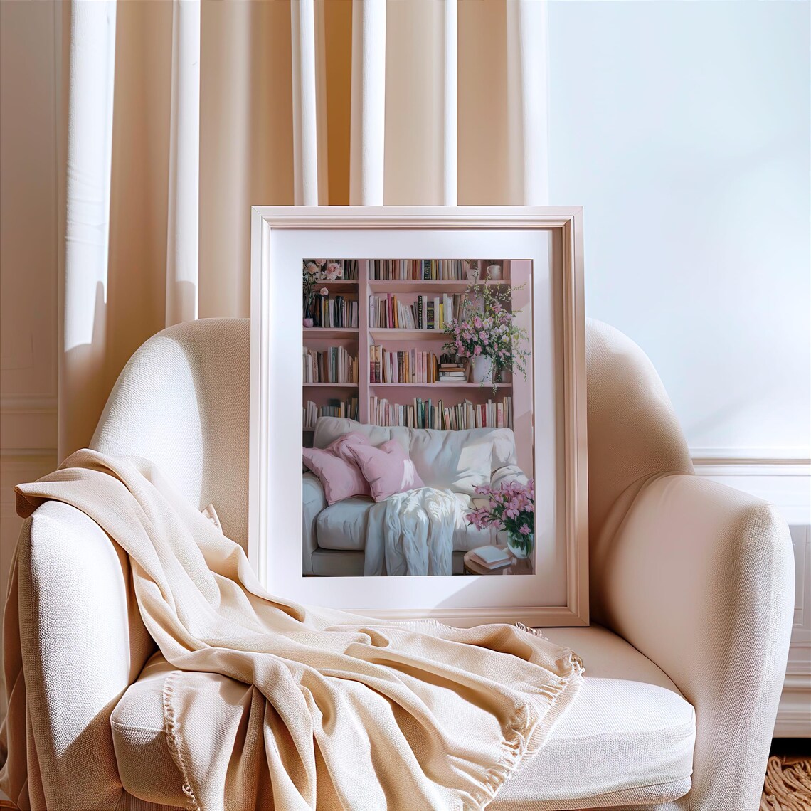 Cozy Pink Reading Nook Bookshelf Floral Book Lover Cozy Decor Wall Art - Image 3