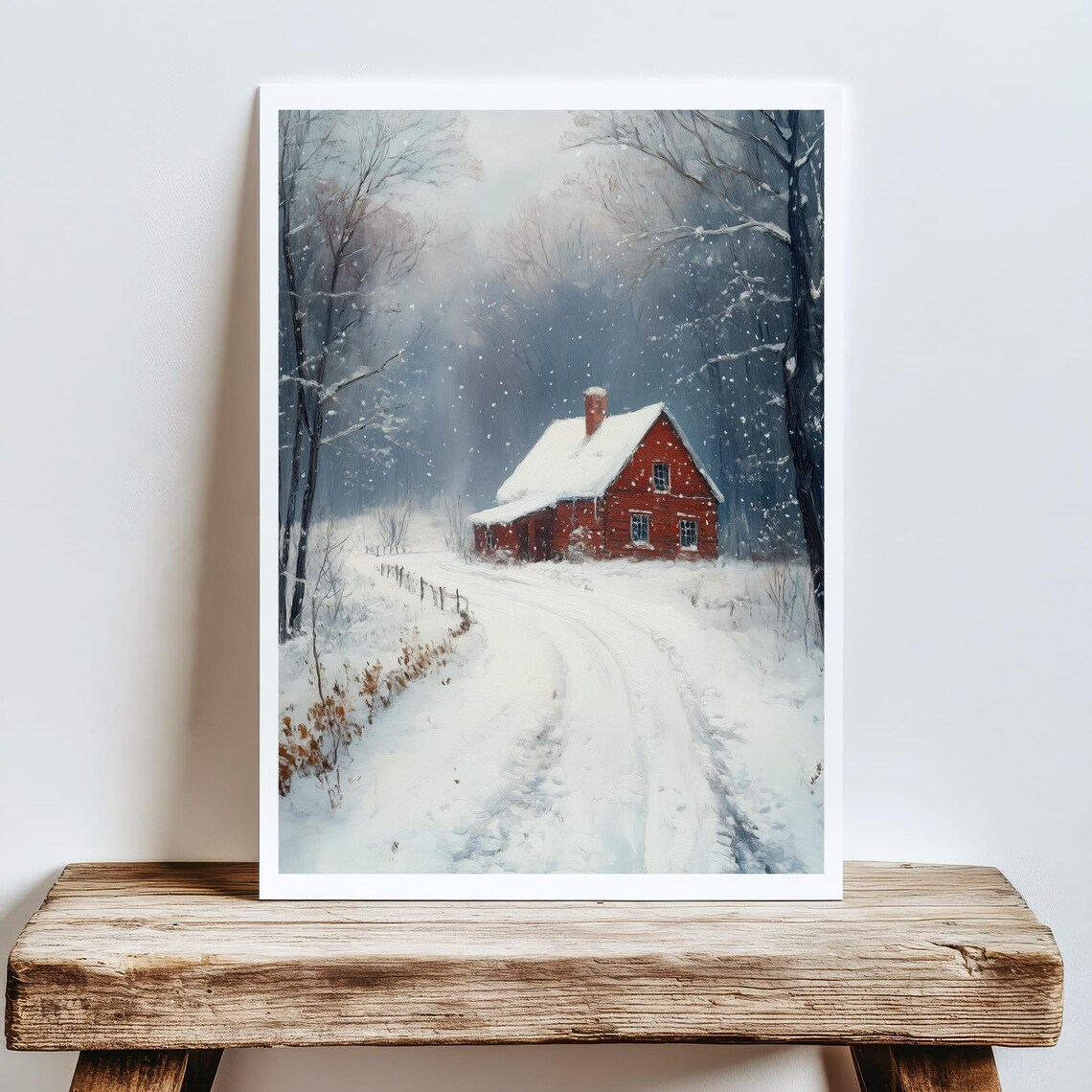 Cozy Red Winter Cottage Snowy Woods Falling Snow Rustic Cabin Scene Poster - Image 5