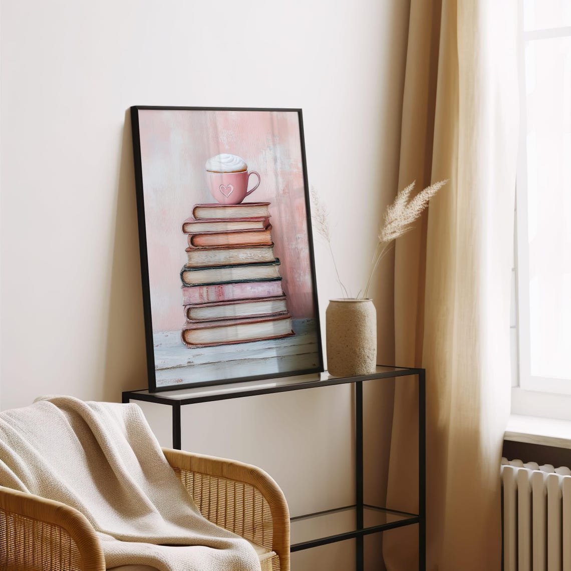 Pink Coffee Cup on Stack of Books Shabby Chic Reading Nook Poster - Image 2