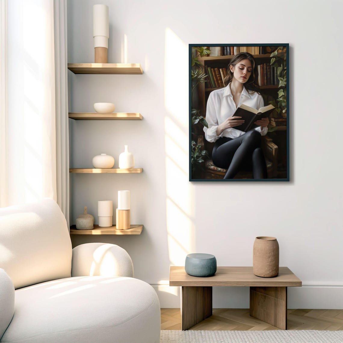 Woman Reading Book in Cozy Library Book Lover Portrait Poster - Image 5