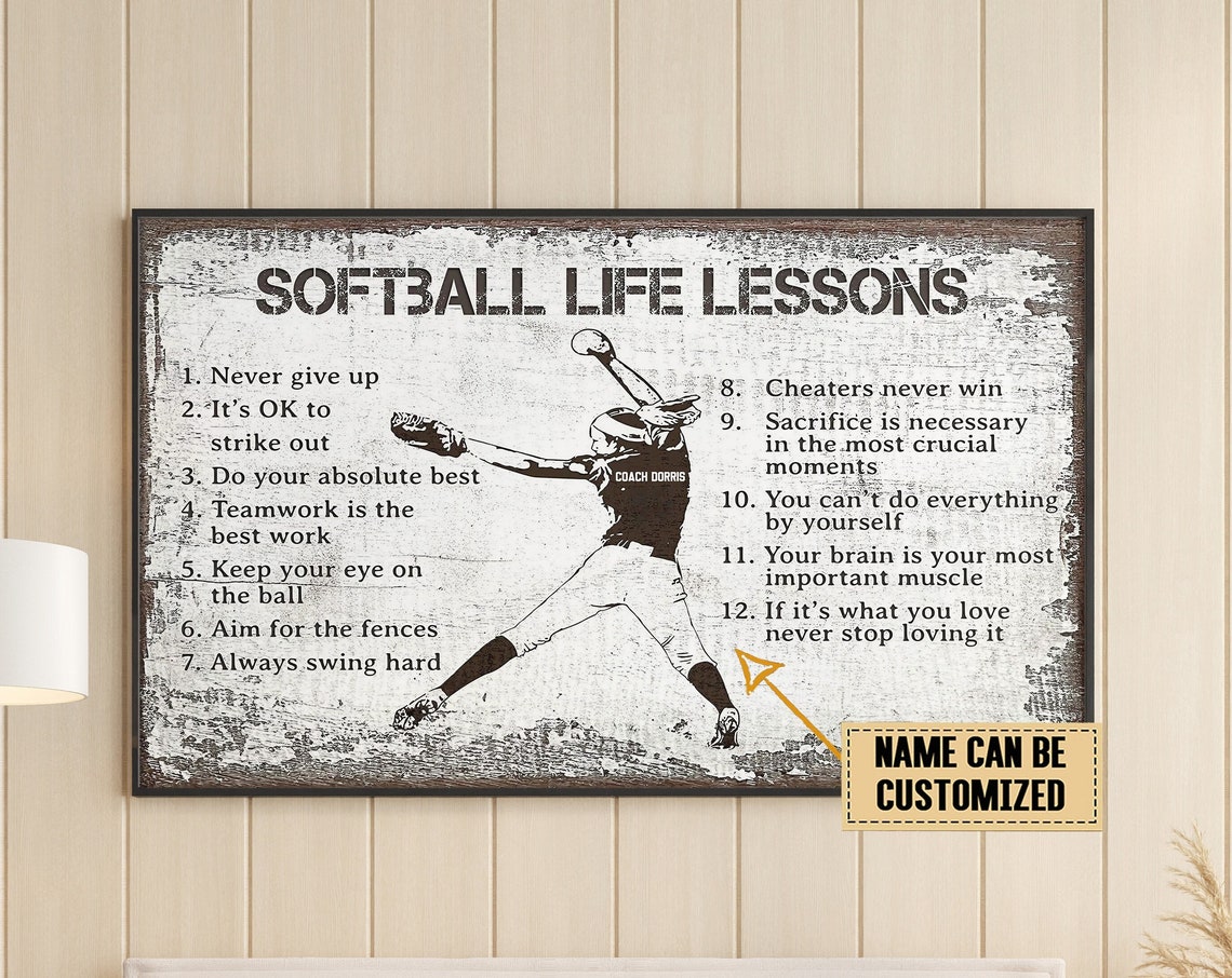 Softball Life Lessons 12 Rules Personalized Vintage Softball Player Poster