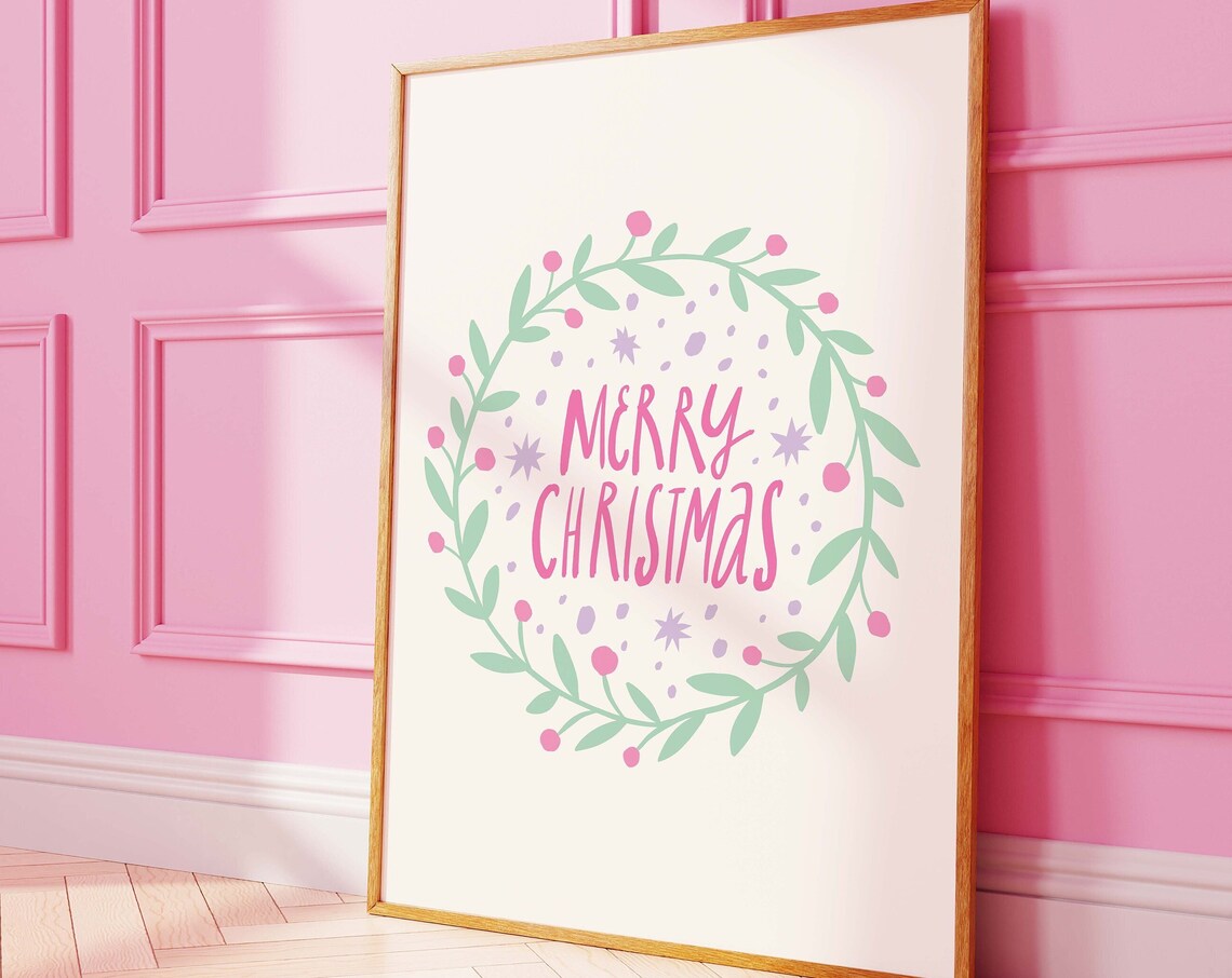Merry Christmas Wreath Pink Berries Hand Lettered Holiday Poster - Image 4
