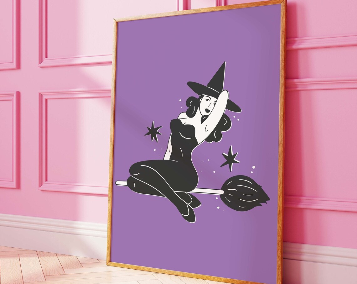 Pin Up Witch Riding Broom Purple Cute Retro Halloween Art Poster