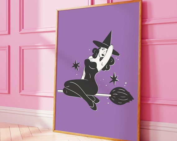 Witch Pinup Print Art Cute Purple Halloween Wall Decor Trendy Halloween Wall Art Spooky Season Poster