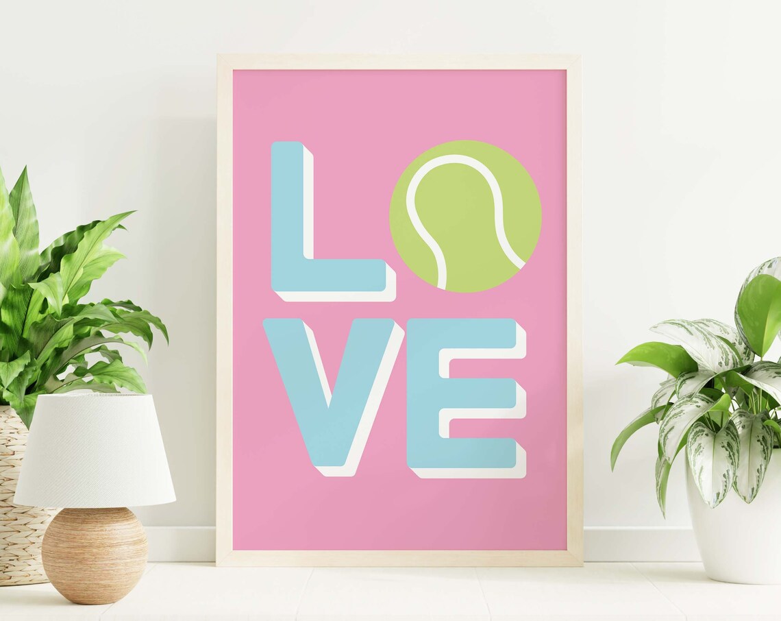 Tennis Love Pink Blue Bold Typography Cute Sporty Pastel Poster