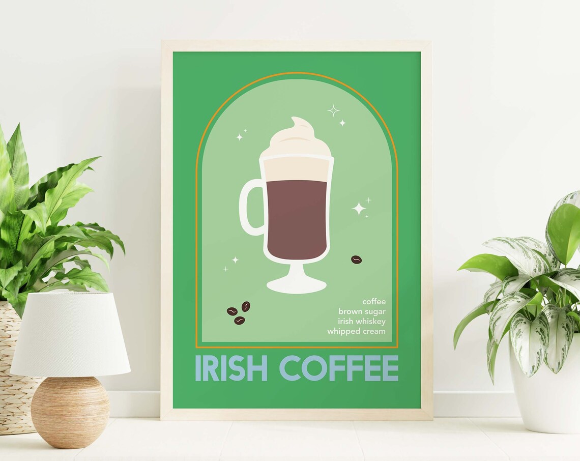 Irish Coffee Green Retro Recipe Kitchen Bar Cocktail Cute Decor Poster