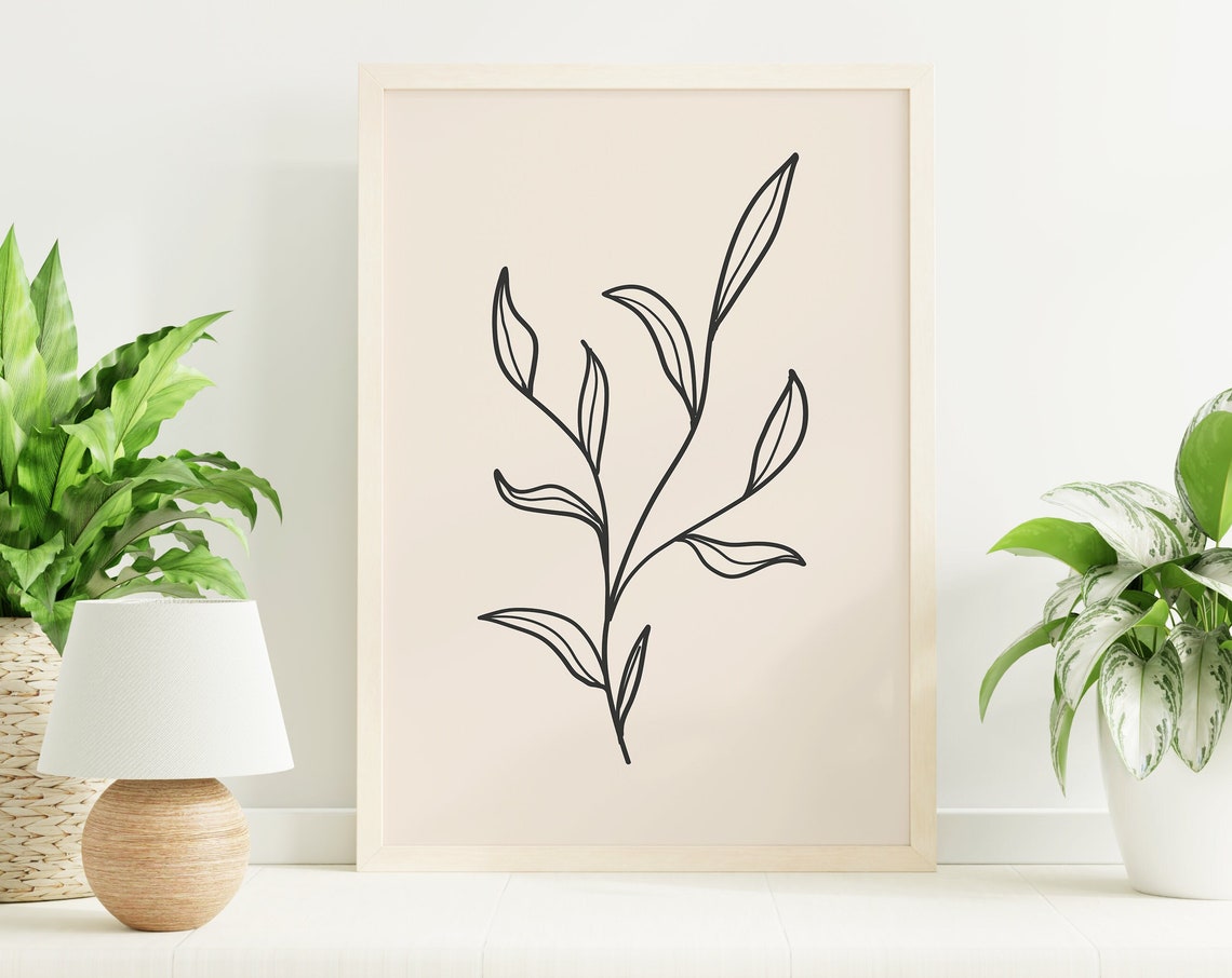 Minimalist Black Leafy Branch Botanical Line Art Wall Decor Poster