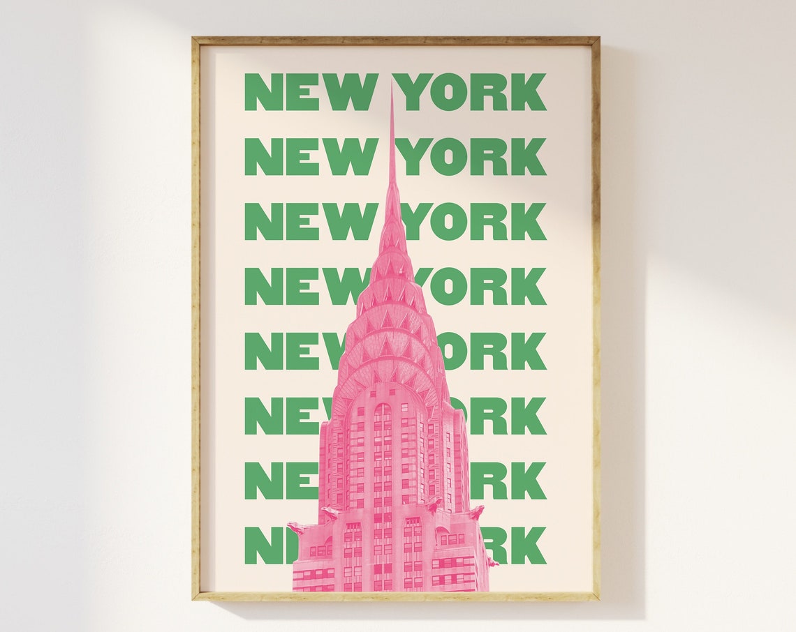 New York Chrysler Building Pink Green Retro Travel Text Poster