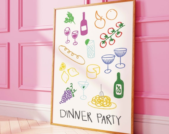 Dinner Party Print Art Cute Hand Drawn Wine Print Cocktail Bar Art Trendy Kitchen Print