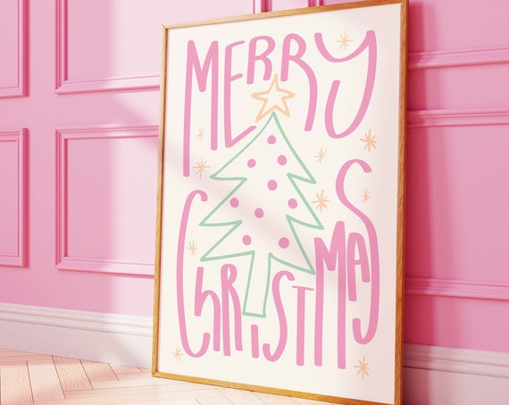 Pastel Merry Christmas Print Art Cute Pink Christmas Decor Boho Holiday Wall Art Funky Christmas Print