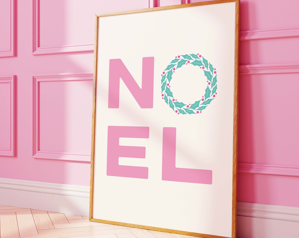 Noel Pink Typography Holly Wreath Letter O Christmas Word Wall Print