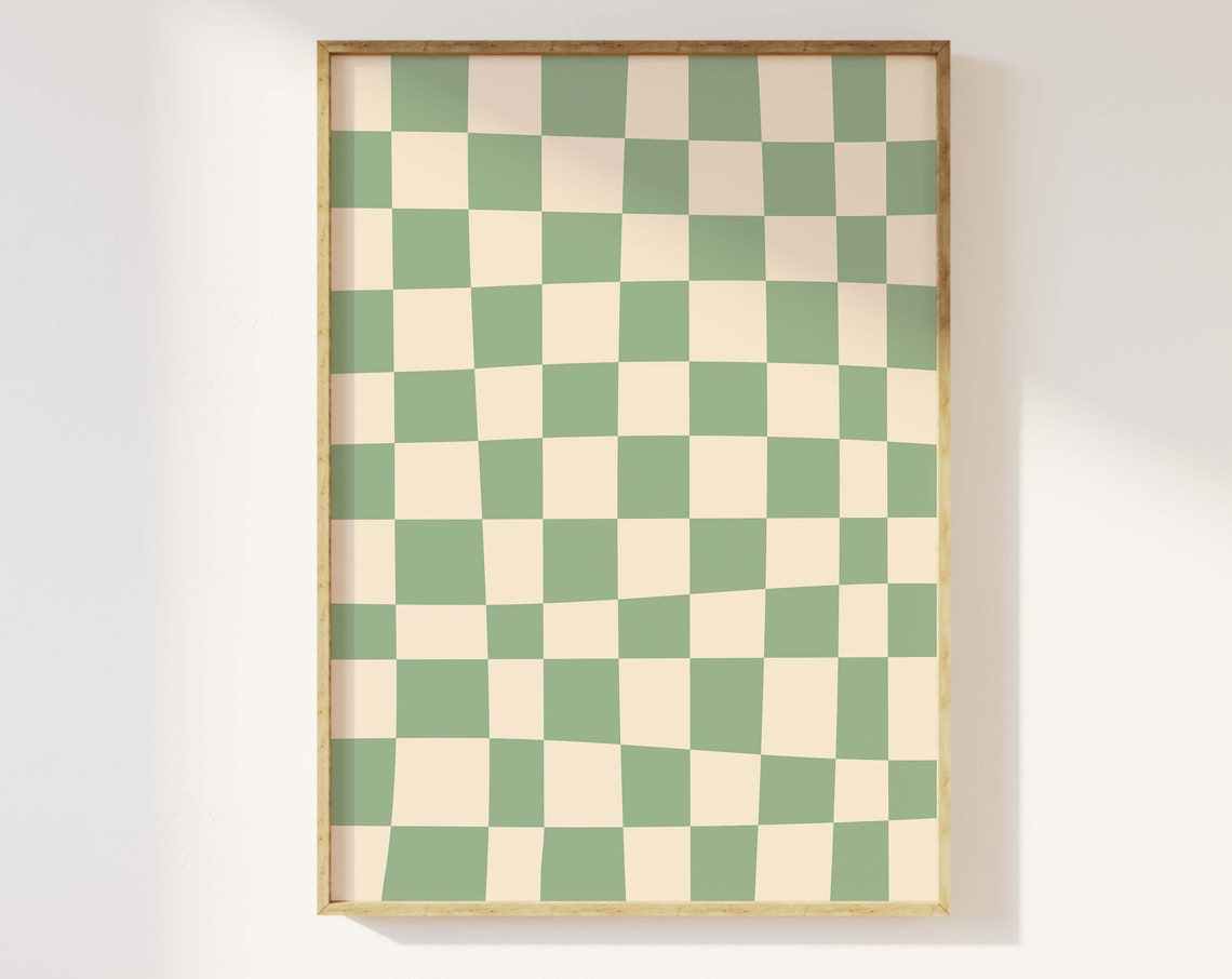 Green And White Abstract Print Art Trendy Checkered Print 70s Retro Art Cute Trendy Wall Art