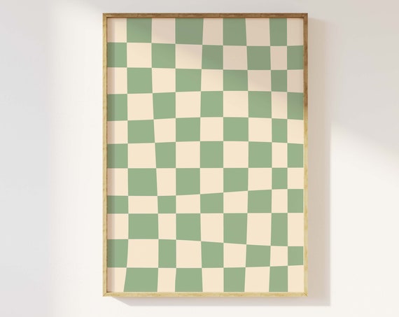 Green And White Abstract Print Art Trendy Checkered Print 70s Retro Art Cute Trendy Wall Art