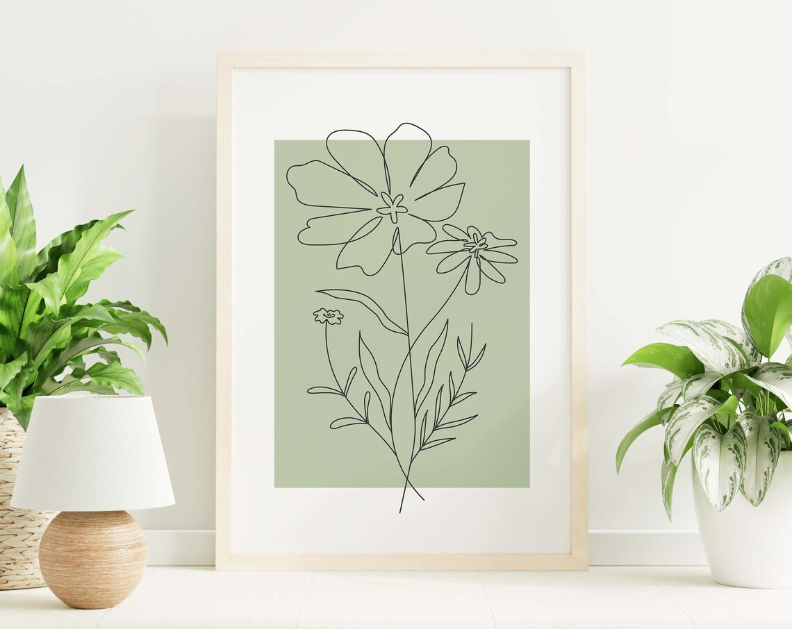 Sage Green Line Art Daisy Flowers Minimalist Neutral Botanical Poster