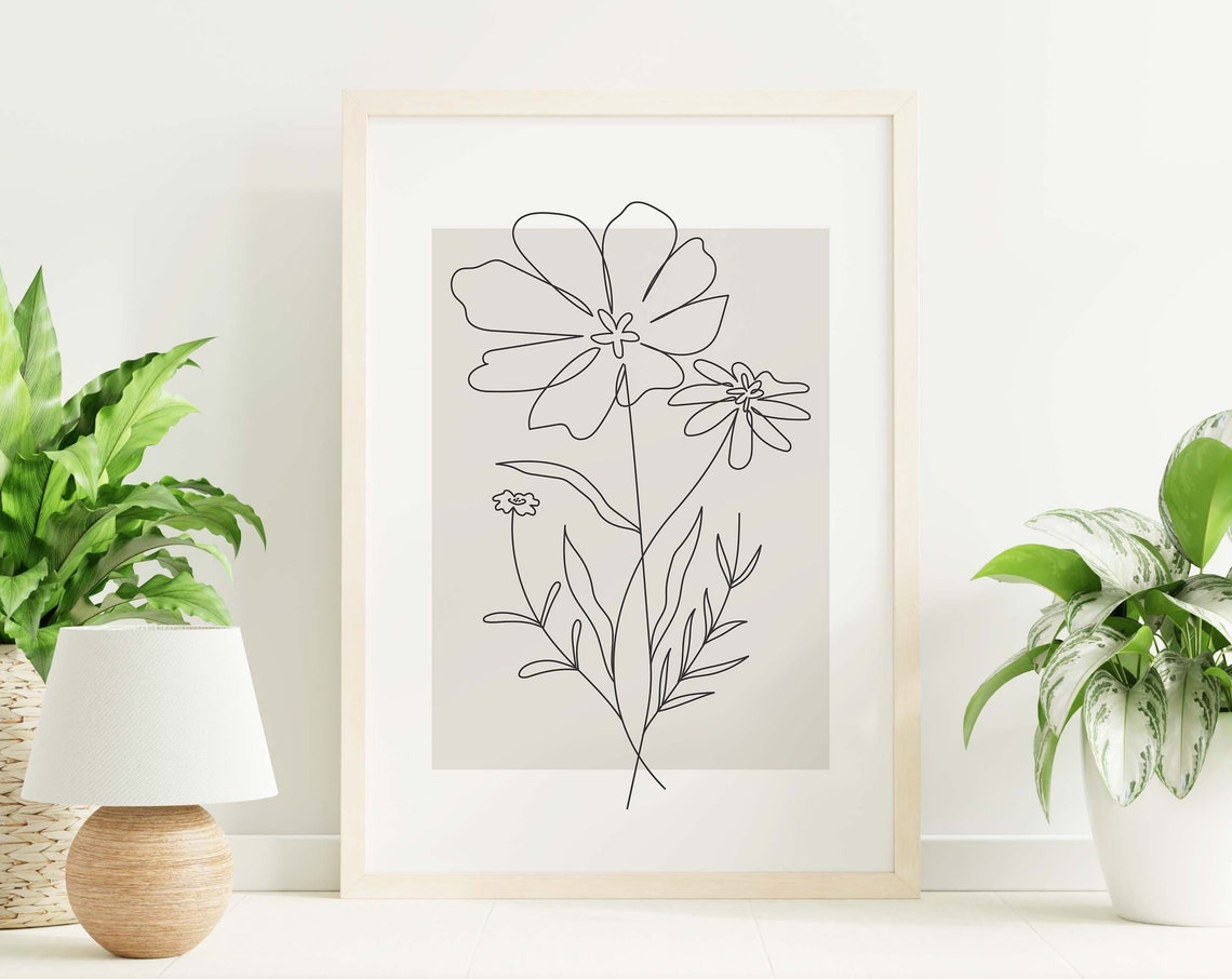 Beige Line Art Wildflower Botanical Minimalist Neutral Decor Poster