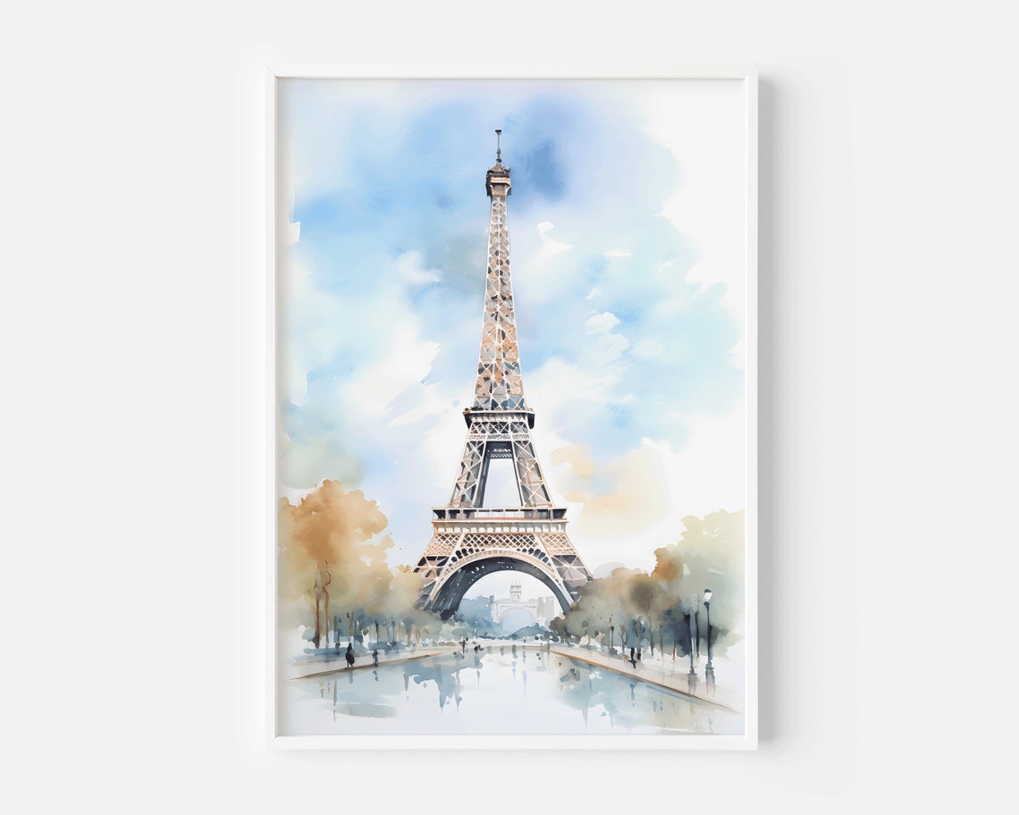 Paris Eiffel Tower Watercolor Landmark Soft Blue Sky Art Poster - Image 2