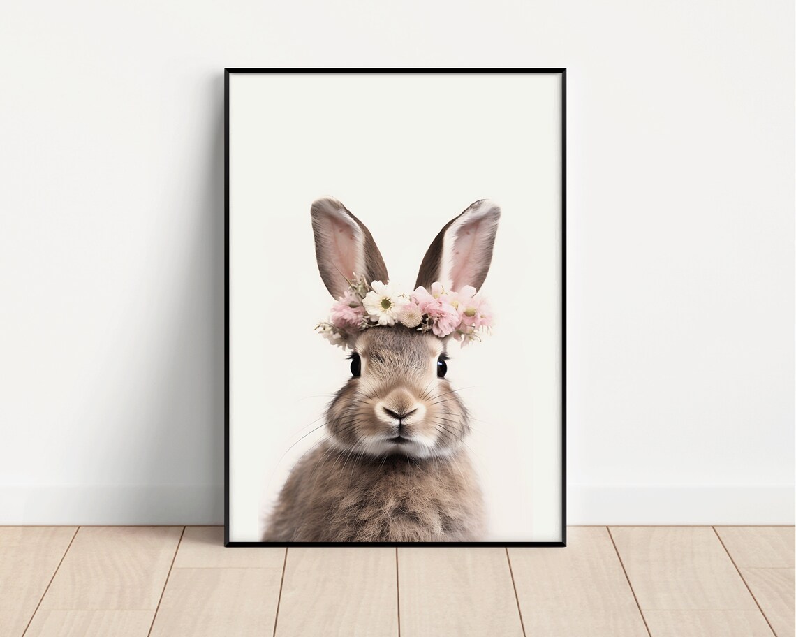 Bunny With Pink Floral Crown Nursery Art Print - Image 2