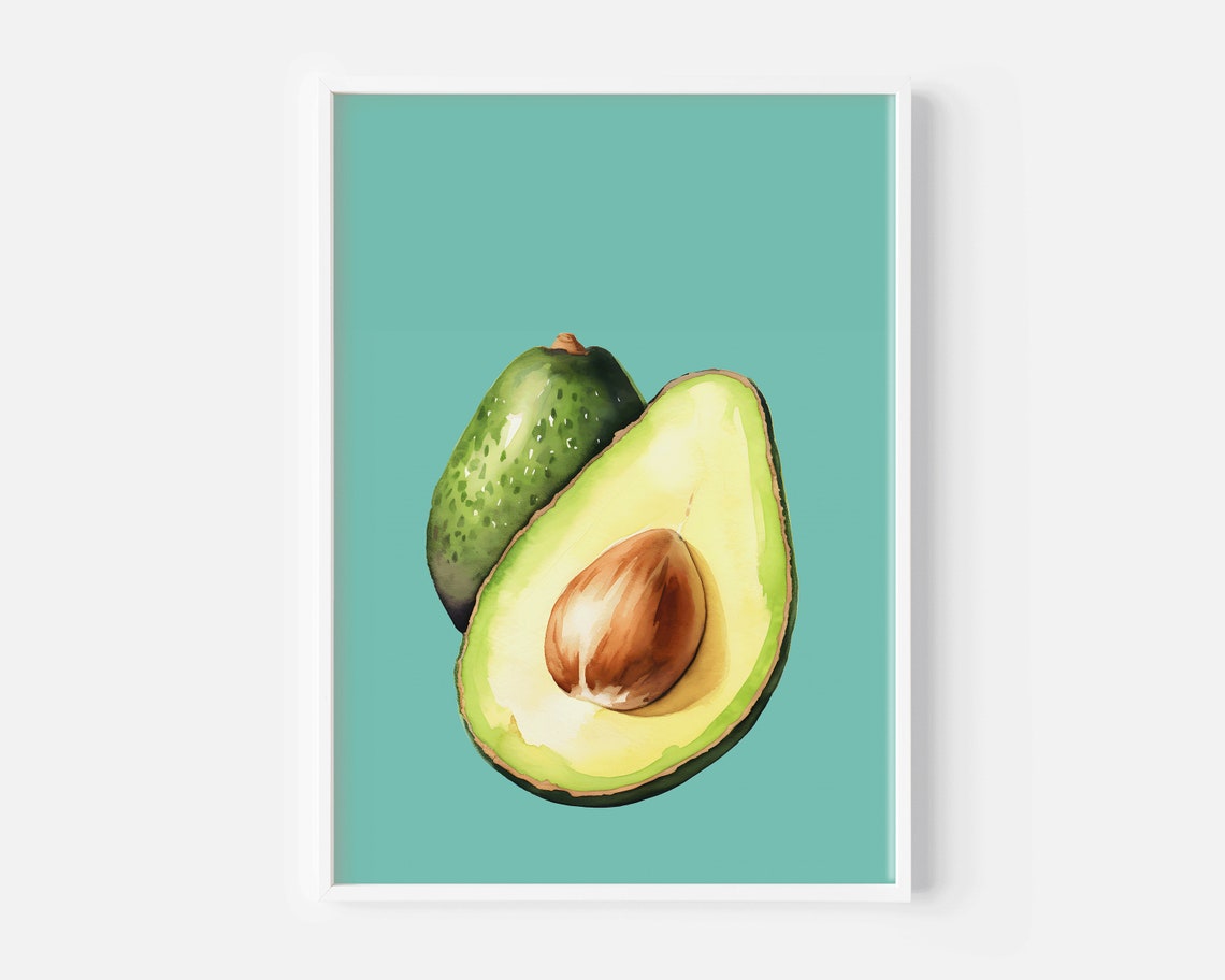 Avocado Halved and Whole Watercolor on Turquoise Kitchen Poster - Image 2