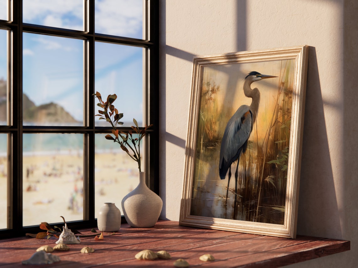 Great Blue Heron Marsh Sunset Vintage Wildlife Painting Poster - Image 4