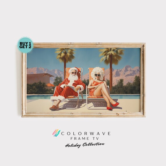 Santa and Mrs Claus Poolside Vacation Retro Christmas Art Poster
