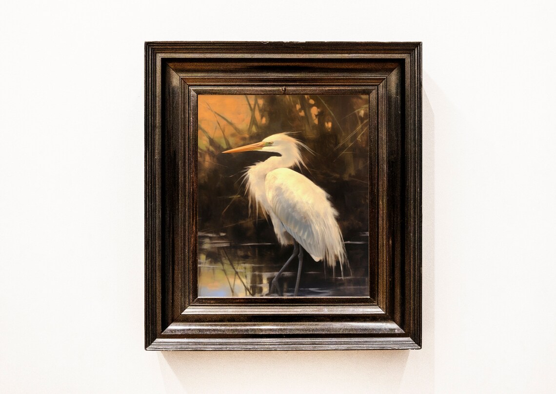 White Egret Marsh Sunset Vintage Wildlife Bird Painting Poster - Image 2