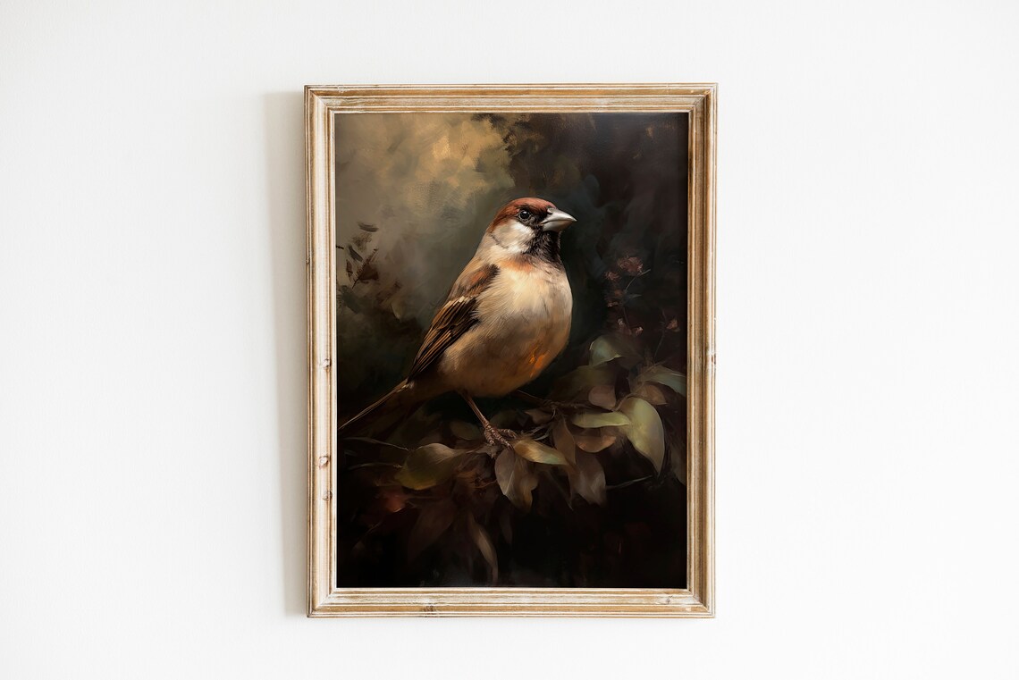Vintage House Sparrow Oil Painting Moody Bird Portrait Art Print - Image 2