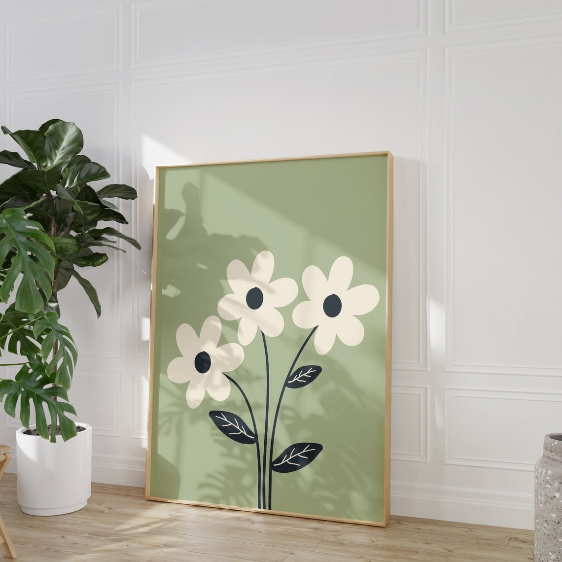 Three Cream Daisies On Sage Green Minimalist Floral Art Poster - Image 4
