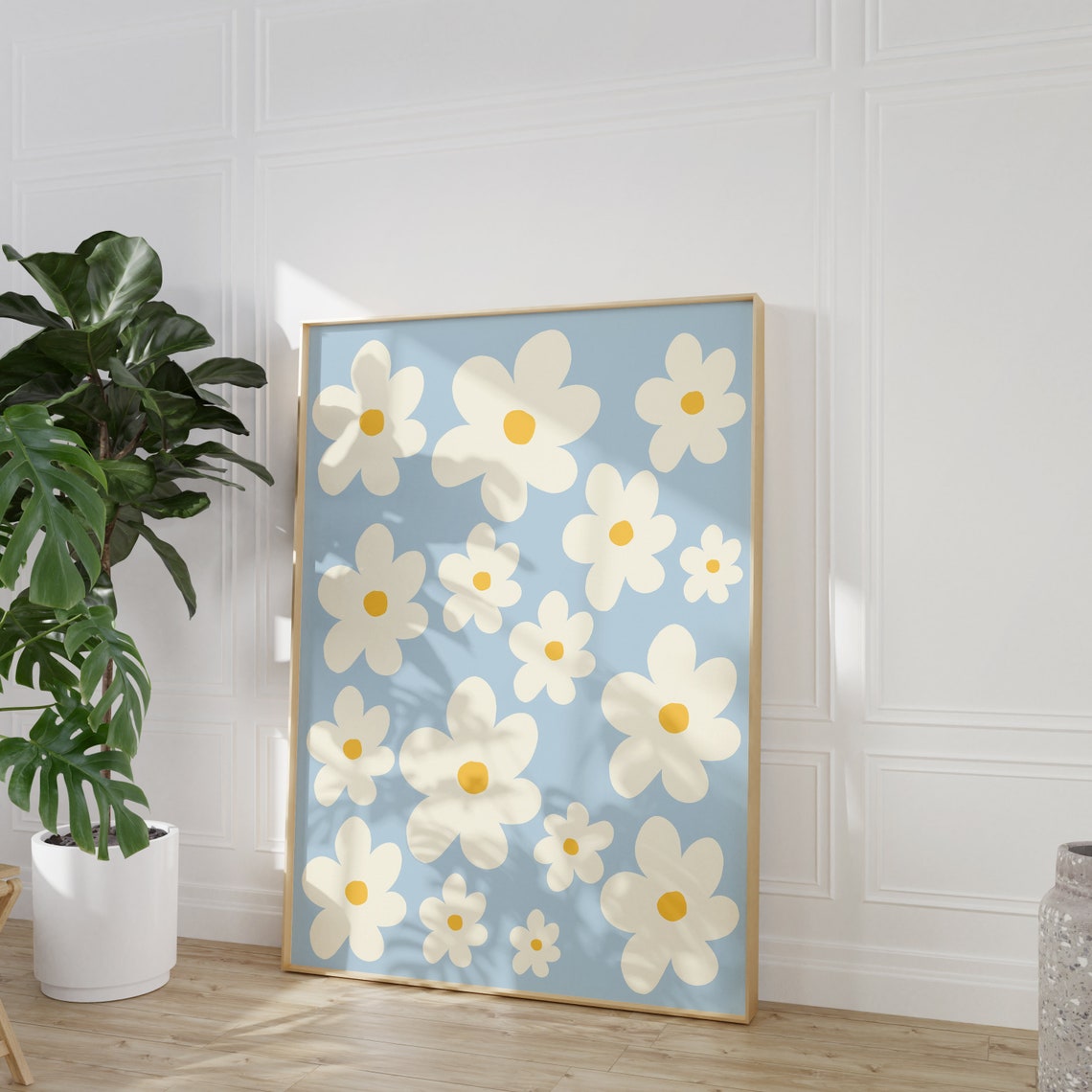 Soft Sky Blue Abstract Daisies Pattern Modern Botanical Poster - Image 2