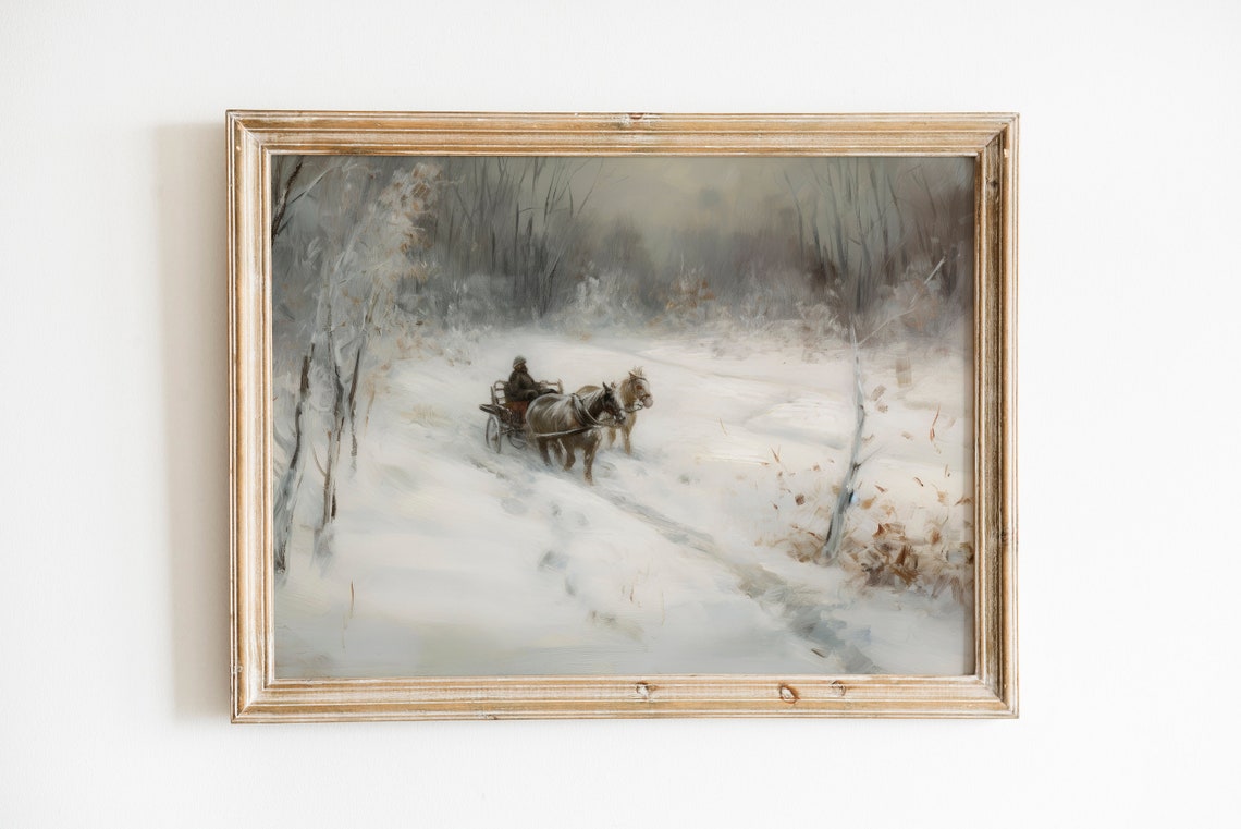 Horse Drawn Sleigh on a Snowy Road Vintage Winter Painting Poster