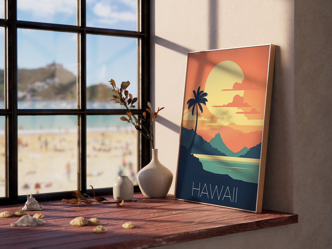 Hawaii Tropical Retro Sunset Palm Ocean Island Travel Poster - Image 3