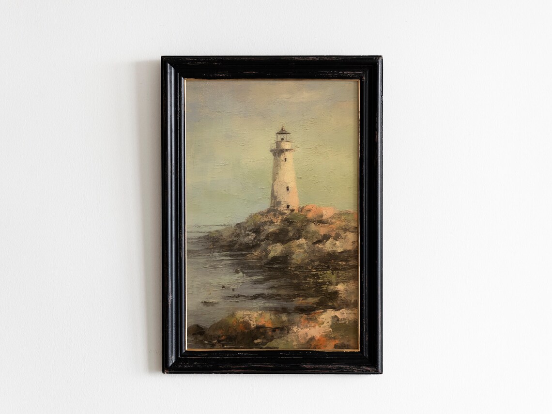 Coastal Lighthouse Rocky Shore Vintage Nautical Seascape Art Print - Image 2