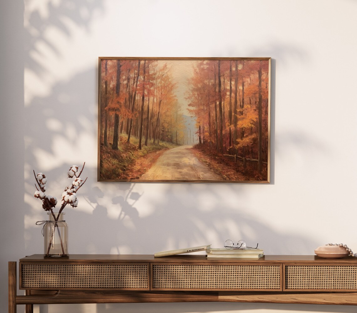 Old Country Road Autumn Forest Oil Painting Rustic Vintage Art Print - Image 2