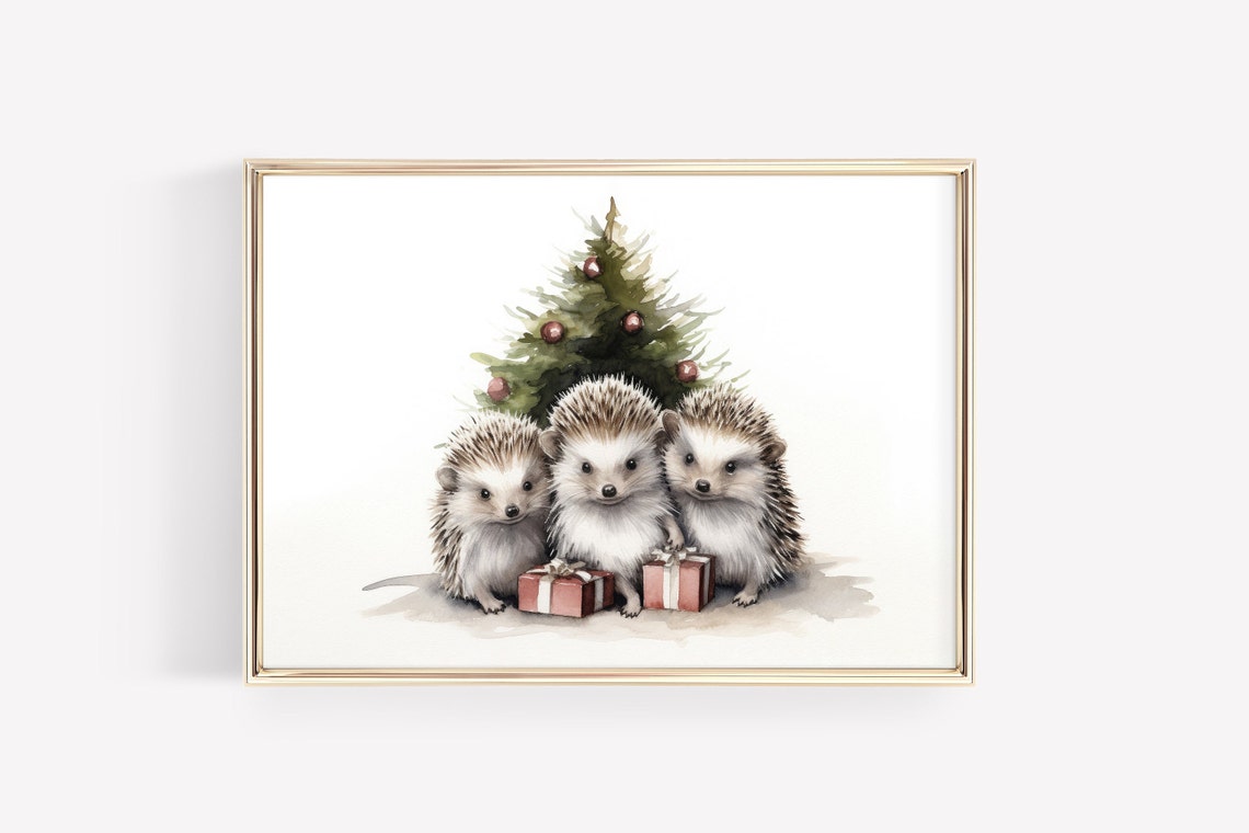 Cute Three Christmas Hedgehogs by Tree Watercolor Holiday Poster - Image 4