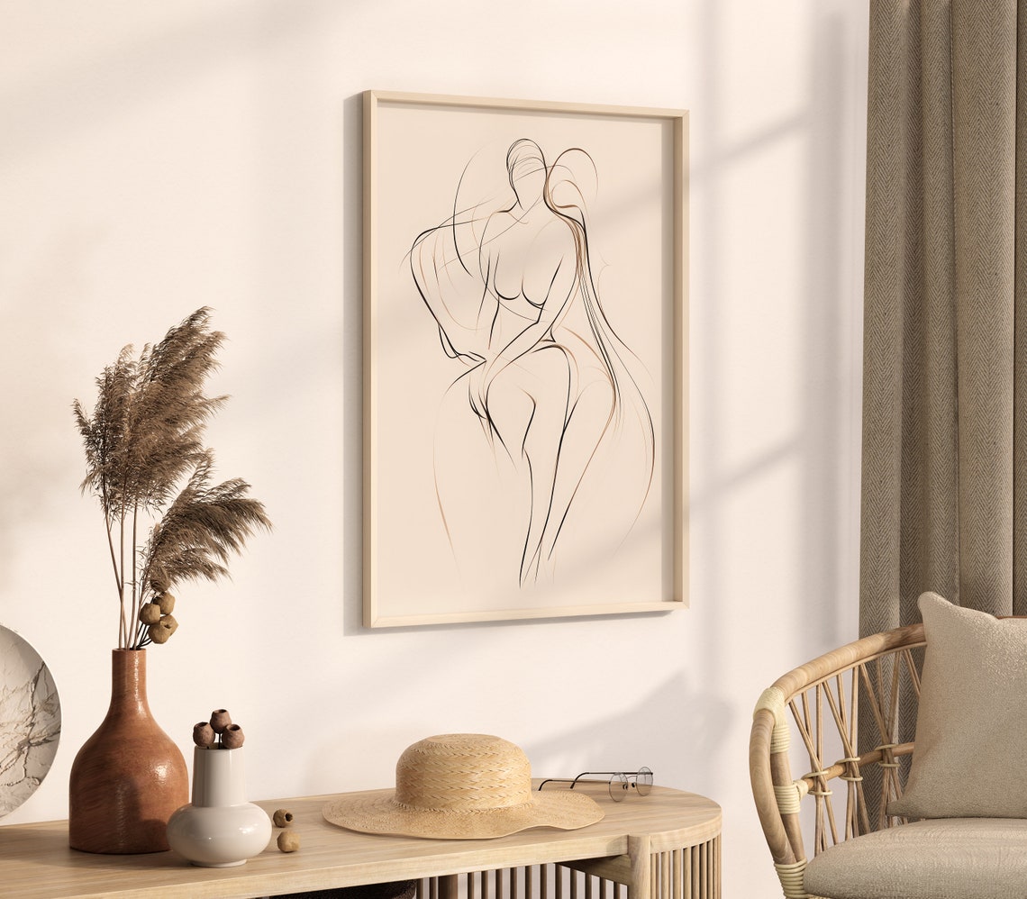 Female Body Line Art Minimalist Beige Abstract Figure Drawing Poster - Image 2