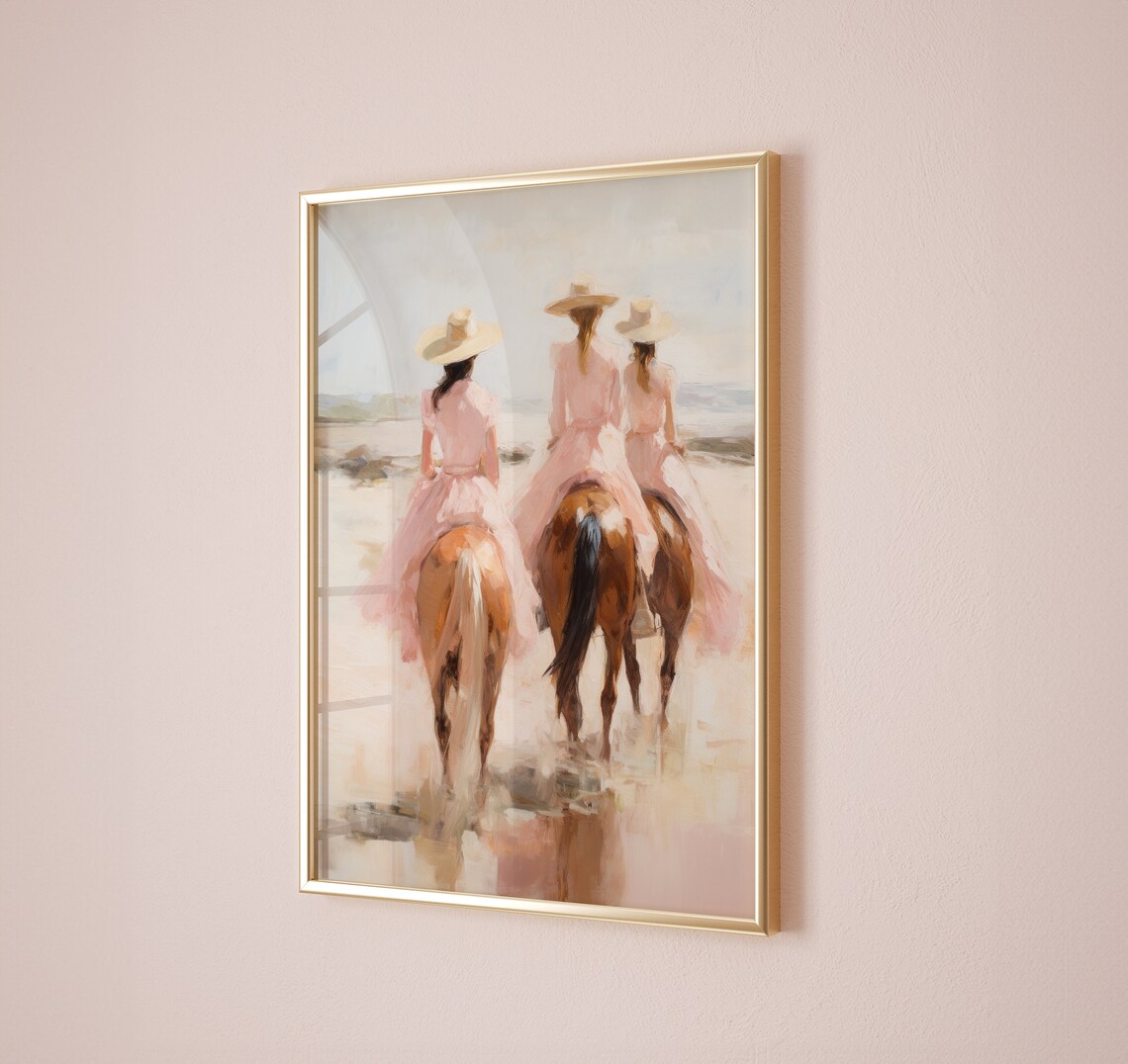 Cowgirls Horseback Beach Ride Pink Dresses Coastal Western Art Poster - Image 4