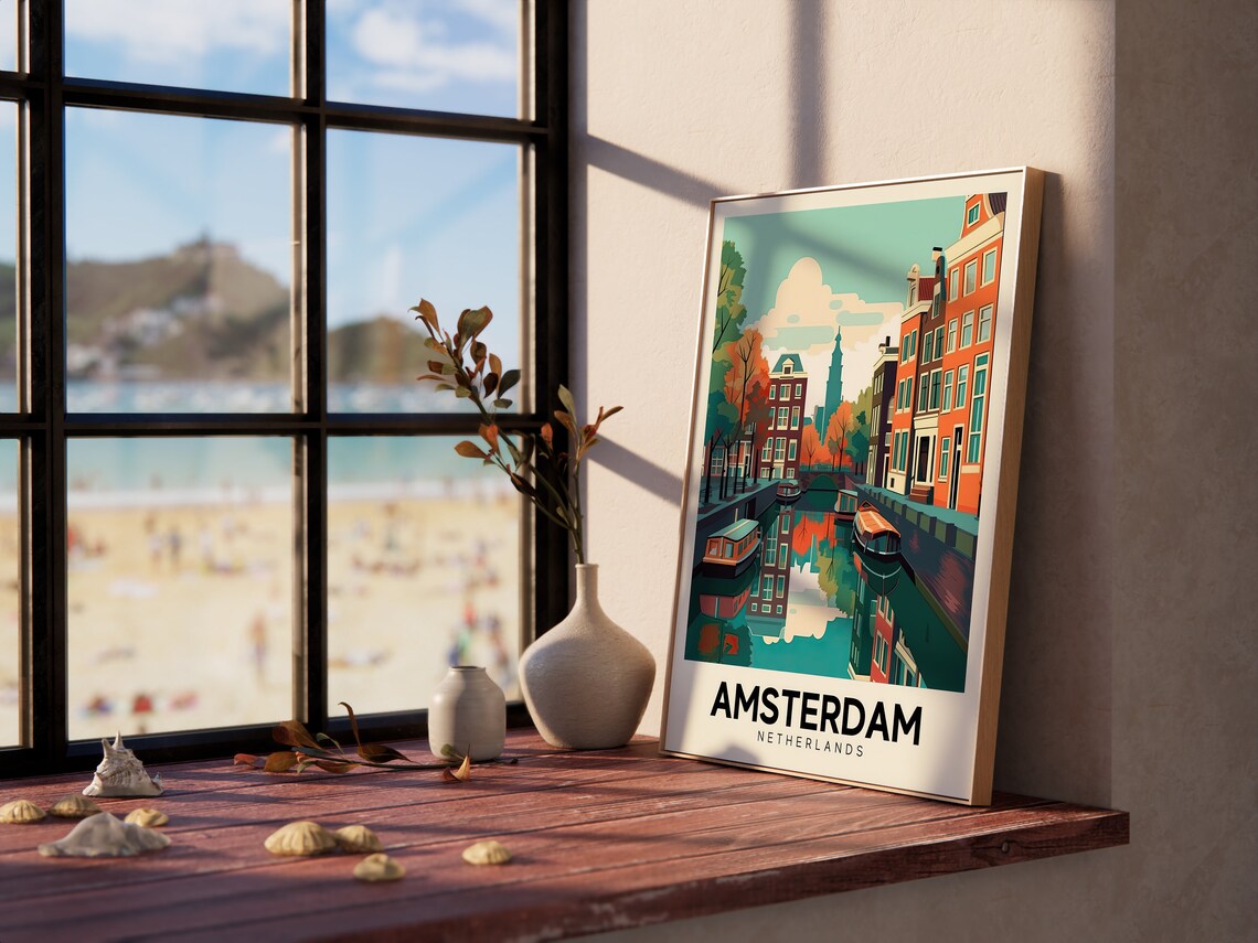 Amsterdam Netherlands Retro Canal Houses Boats Colorful Travel Poster - Image 4