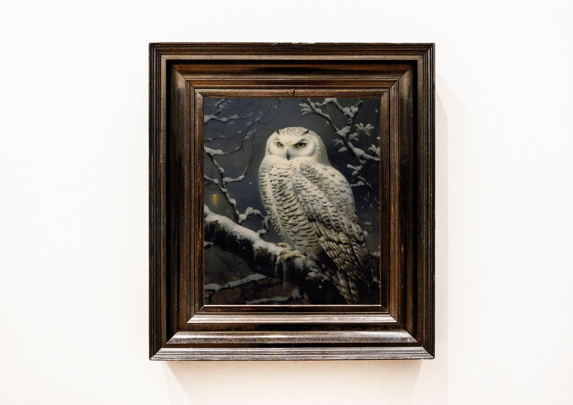 Snowy Owl in Snowy Woods Winter Night Vintage Painting Poster - Image 2
