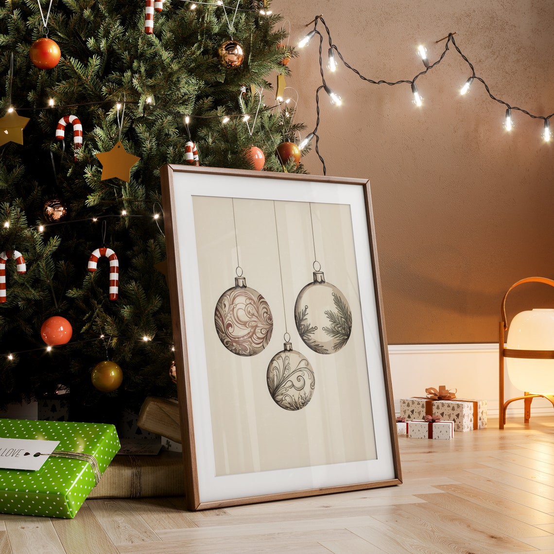 Three Hanging Vintage Christmas Ornaments Sepia Illustration Poster - Image 2
