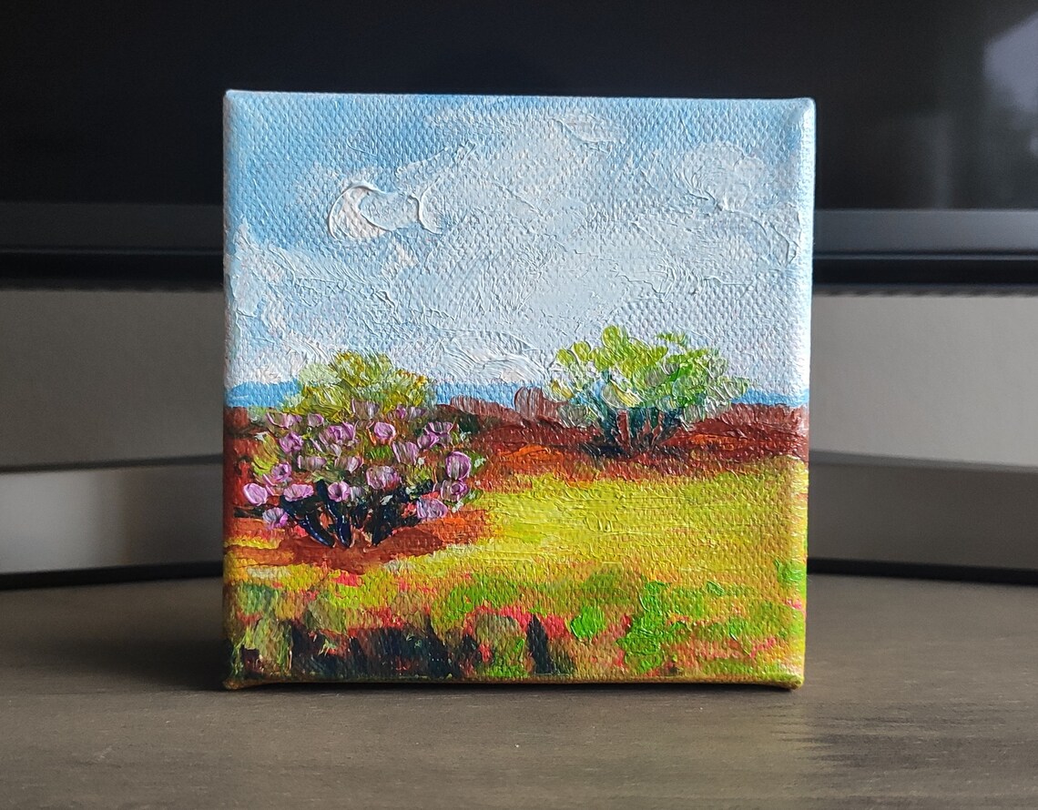 Rustic Country Landscape Purple Blossoms Field Oil Painting Wall Art