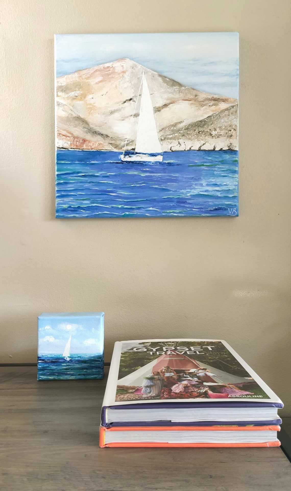 Sailboat By Rocky Coastal Mountain Cliffs On Turquoise Sea Art Poster - Image 4